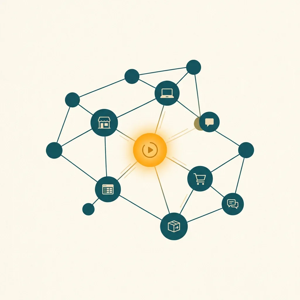 Illustration of connected business tools around a central automation node