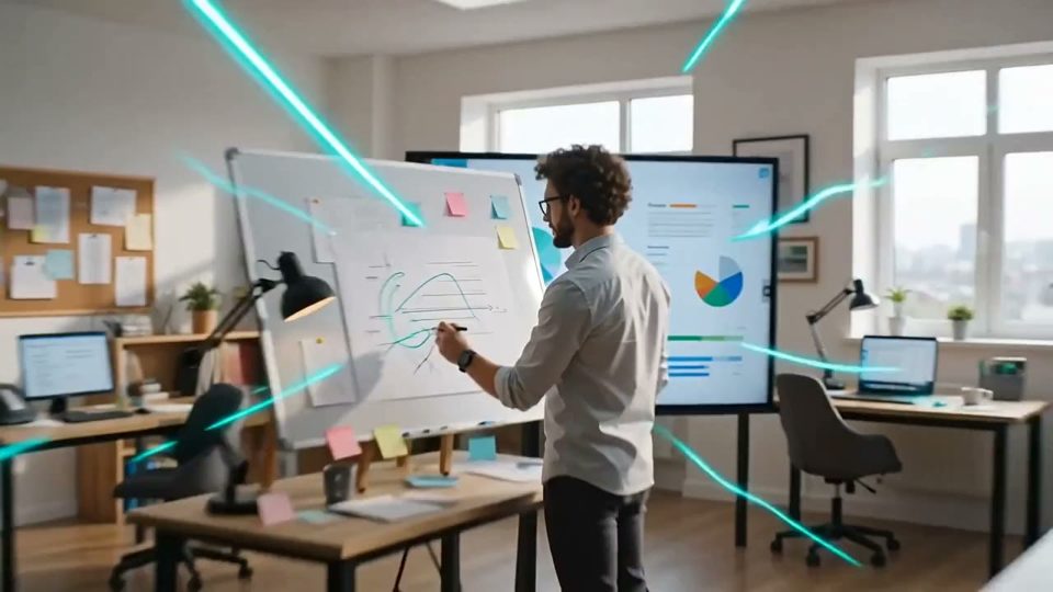 A consultant mapping out a plan on a whiteboard