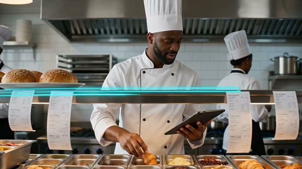 A chef using a tablet in a busy kitchen