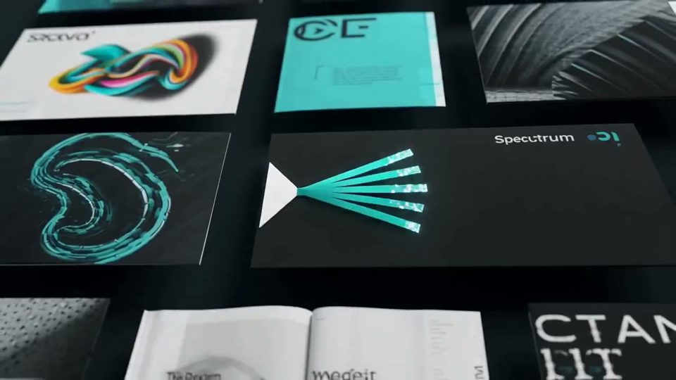 Brand identity cards and printed materials laid out