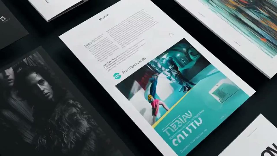 Printed posters and magazine layouts on a dark table