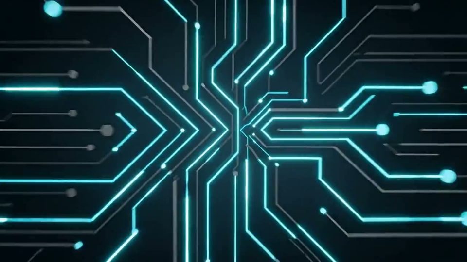 Glowing circuit lines on a dark background