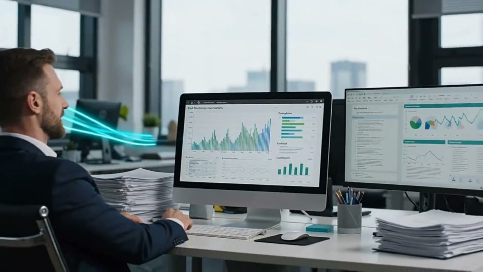 A professional reviewing data on office screens