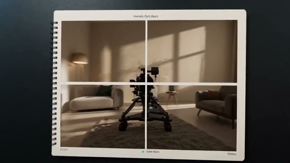 A storyboard with a camera set up in a room