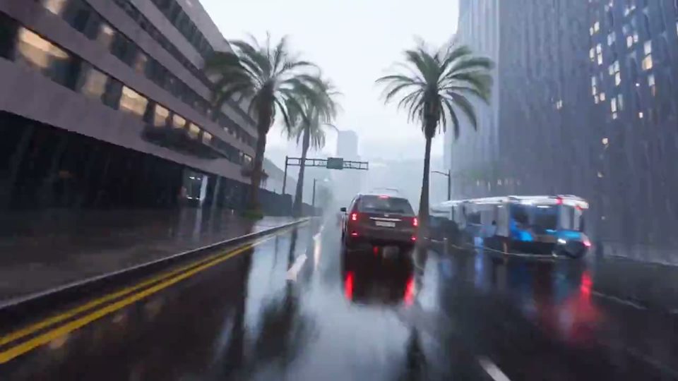 A game-style city street scene