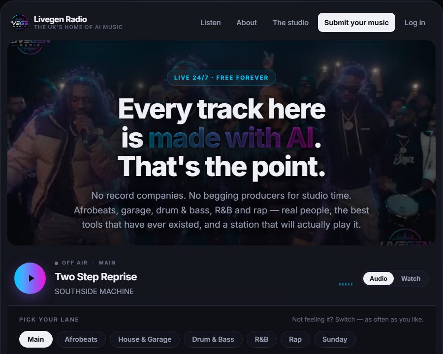 Livegen Radio homepage: Every track here is made with AI